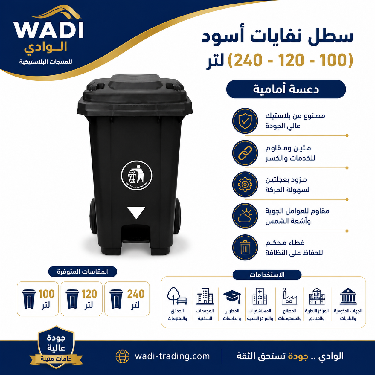 سطل نفايات أسود (100 - 120 - 240 لتر) – دعسة أمامية